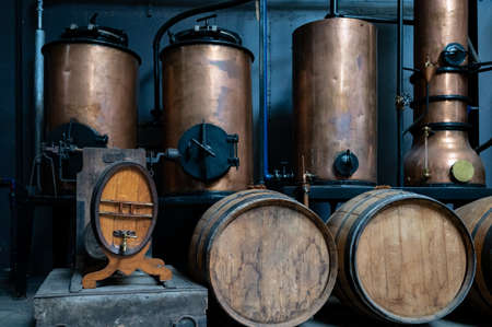 Production of sweet cassis creme liquor from ripe black currant berries, distillation and maturation...