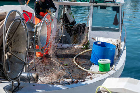 Morning sale of catch of the day, fisherman's boat with net near fish market in small old port in...