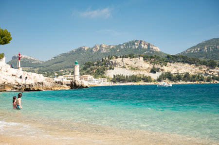 Panoramic view on cliffs, blue sea clear water on Plage du Bestouan beach in Cassis, Provence,...