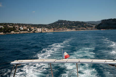 View from seaside on Provencal Cassis, boat excursion to Calanques national park in Provence, France