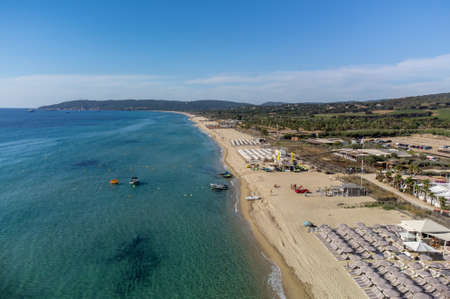Aerial view on legendary Pampelonne beach near Saint-Tropez and blue sea, summer vacation on white sandy beaches of French Riviera, Franceの写真素材