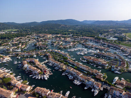 Aerial view on blue water of Gulf of Saint-Tropez, sail boats, houses of Port Grimaud and Port Cogolin, summer vacation in Provence, Franceの写真素材