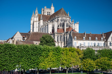 View on old streets and houses of Auxerre, medieval city on river Yonne, north of Burgundy, Franceの写真素材