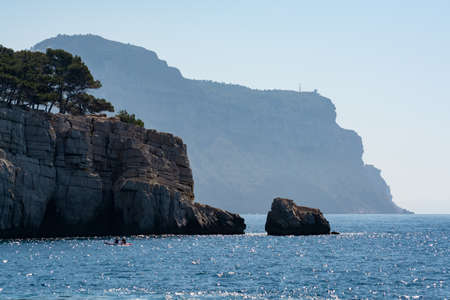 View on Calanque d'En-vau with white sandy beach near Cassis, boat excursion to Calanques national...