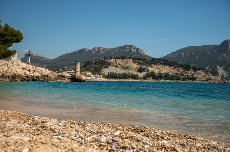 Panoramic view on cliffs, blue sea clear water on Plage du Bestouan beach in Cassis, Provence, Franceの写真素材