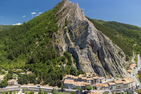 View on historical city Sisteron with river Durance, gates to Provence, summer vacation in Franceの写真素材