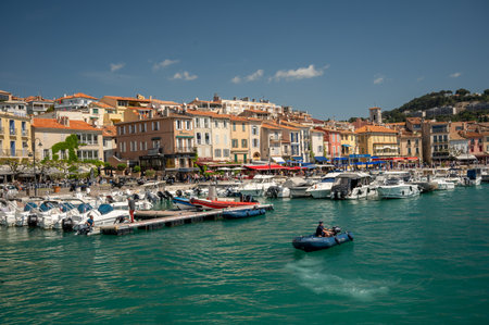 Sunny day in april in South of France, view on old fisherman's port with boats and colorful buildings in Cassis, Provence, Franceのeditorial素材