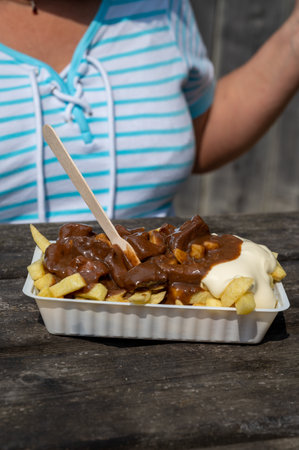 Traditional fast and street food in Belgium, French fried potatoes with beef stew and mayonnaise in...