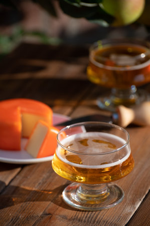 Food and drink pairing, apple cider in glasses produced on organic farm from bio apples in Normandy, France and farmers cheddar cheese from Englandの写真素材