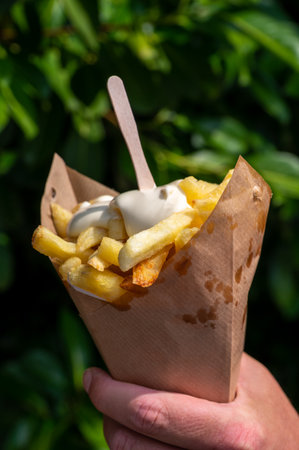 Traditional street food in Belgium and Netherlands, French fried potatoes chips with mayonnaise sauce in paper cone bagの写真素材