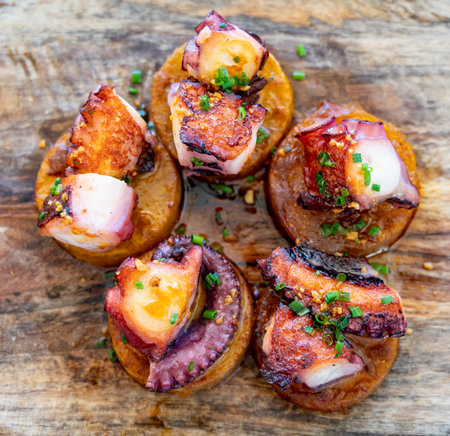 Spanish starter dish in fish restaurant in Getaria, grilled octopus with roasted potatoes and paprika, Basque Country, Spainの写真素材