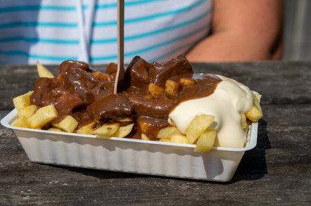 Traditional fast and street food in Belgium, French fried potatoes with beef stew and mayonnaise in...