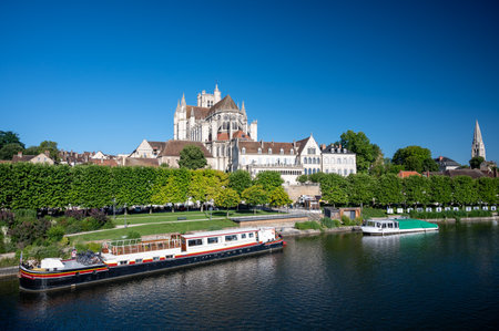 View on old streets and houses of Auxerre, medieval city on river Yonne, north of Burgundy, Franceのeditorial素材