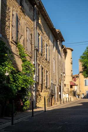 VIew on medieval buildings in sunny day, vacation destination, famous wine making village Chateauneuf-du-pape in Provence, Franceのeditorial素材
