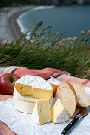 Lunch with french round camembert cow cheese from Calvados region, fresh baked baguette bread and...
