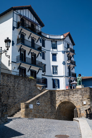 Sunny day in small fisherman's village Getaria near San Sebastian city, Basque Country with famous fresh ocean fish restaurants, Spainのeditorial素材