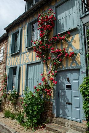 Tourist destination, one of most beautiful french villages, Gerberoy - small historical village with half-timbered houses and colorful roses flowers, Franceのeditorial素材