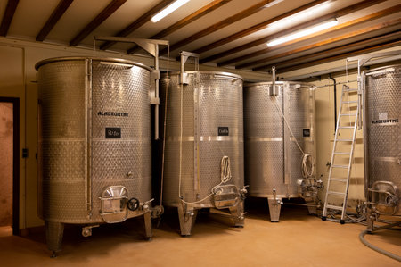 Stages of wine production from fermentation to bottling, visit to wine cellars in Cote d'Or, Burgundy, France, steel vats for fermentation.のeditorial素材