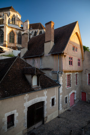 View on old streets and houses of Auxerre, medieval city on river Yonne, north of Burgundy, Franceのeditorial素材