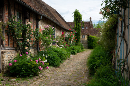 Tourist destination, one of most beautiful french villages, Gerberoy - small historical village with half-timbered houses and colorful roses flowers, Franceのeditorial素材