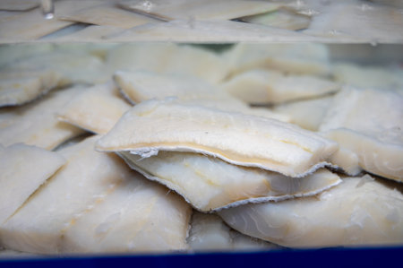 White salted and dried bacalao codfish in water tank, traditional Spanish preserved seafood on display in fish shopの写真素材