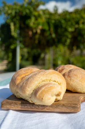 Artisan homemade wheat bread with olives baked in small mountain village on Cyprus
