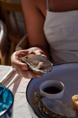Young woman in white dress eats fresh live creuze oysters with lemon juice, seafood in French restaurantの写真素材