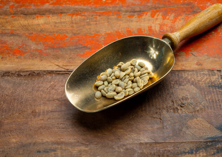 Green coffee beans from South America coffee producing region, from Colombia and Brazil with mountain ranges and climate ideal for coffee growing, close upの写真素材