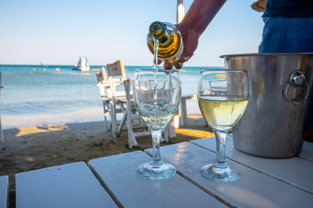 Drinking of cold white wine in beach bar, summer holidays, relax on blue sea and sandy beachの写真素材