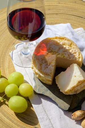 Tasting of tawny port wine and local portuguese matured cheese queijo serpa with green grapes, Setubal area, Portugal, close upの写真素材