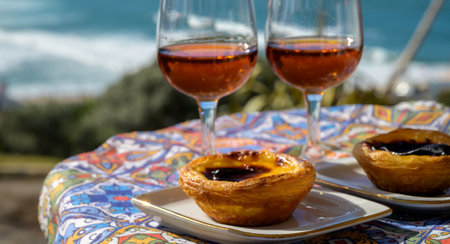 Portugal's traditional food and drink, glasses of porto wine or muscatel de setubal, sweet dessert...