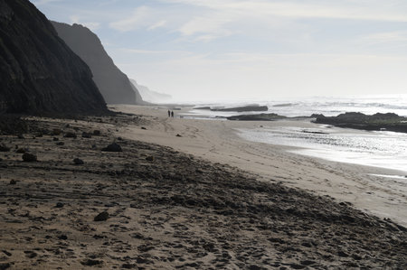 Magoito Beach on Atlantic ocean, beautiful sandy beach on Sintra coast, Lisbon district, Portugal, part of Sintra-Cascais Natural Park with natural points of interestの写真素材