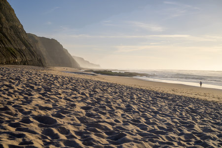 Magoito Beach on Atlantic ocean, beautiful sandy beach on Sintra coast, Lisbon district, Portugal, part of Sintra-Cascais Natural Park with natural points of interestの写真素材