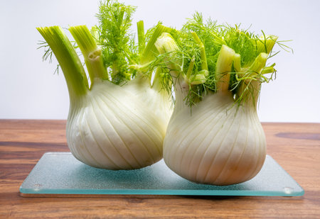 Healthy vegetable diet, raw fresh white florence fennel bulbs close upの写真素材