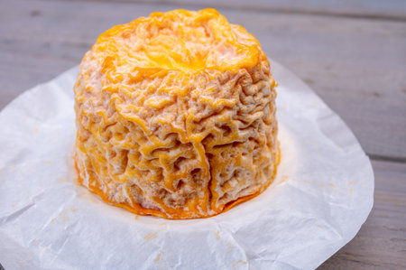 French Langres soft cows crumbly cheese with washed rind structure made in Champagne - Ardenne region, Franceの写真素材