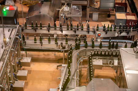 Production of cremant sparkling wine in Burgundy, France. Automatically powered bottling and corking...