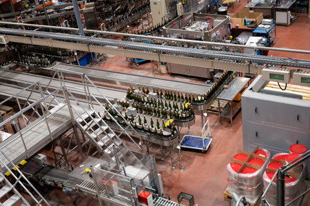 Production of cremant sparkling wine in Burgundy, France. Automatically powered bottling and corking...