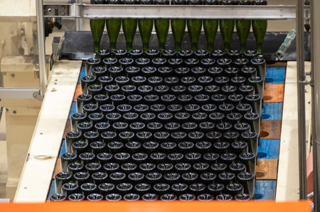 Production of cremant sparkling wine in Burgundy, France. Automatically powered bottling, riddling...