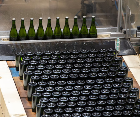 Production of cremant sparkling wine in Burgundy, France. Automatically powered bottling, riddling...