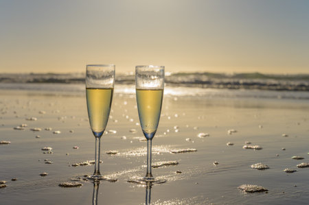 Glasses of cava or champagne sparkling wine on white sandy ocean beach with water waves on sunset in sunlights with shadowsの写真素材