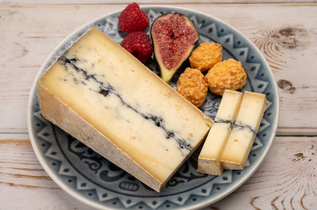 French semi-soft cow milk cheese morbier from Franche-Comte region with thin black layer and strong aroma close upの写真素材