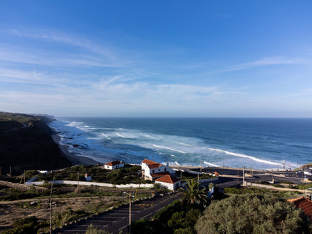 Magoito Beach on Atlantic ocean, beautiful sandy beach on Sintra coast, Lisbon district, Portugal, part of Sintra-Cascais Natural Park with natural points of interestの写真素材