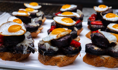 Typical snack of Basque Country, pinchos or pinxtos, small piece of bread with egg, sausage and different toppings, served in bar in San-Sebastian or Bilbao, Spainの写真素材