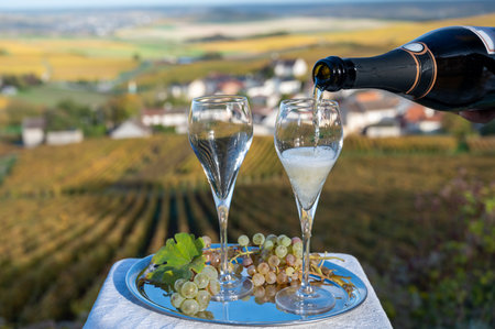 Tasting of french sparkling white wine with bubbles champagne on outdoor terrace with view on...