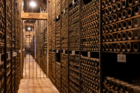 Keeping for years of old bottles of red rioja wine in cellars, wine making in La Rioja region, Spainの写真素材