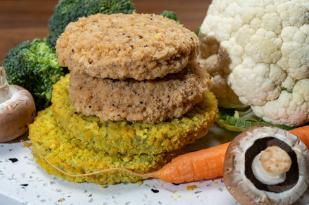 Uncooked fresh vegan and vegetarian burgers made from fresh vegetables and dried legumes and beans, ready to barbecue grillの写真素材