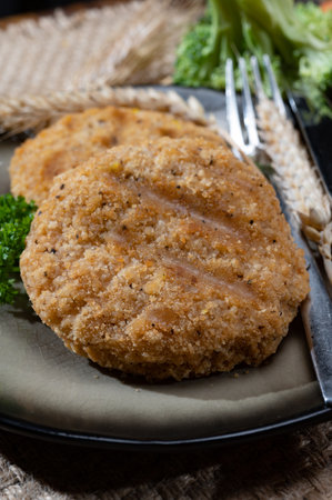 Source of fiber plant based vegan wheat protein grilled burgers, meat free vegetarian healthy food...