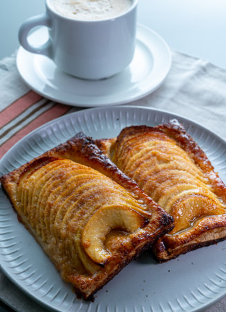 Breakfast with black coffee and sweet French dessert, baked apple cake, Normandy region, France, close upの写真素材