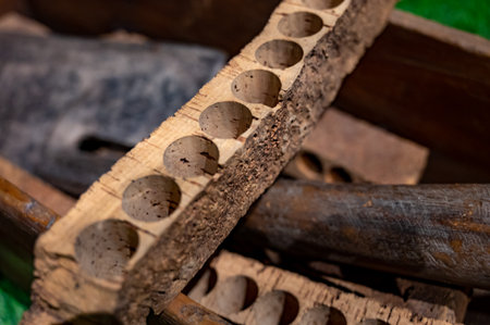How to make wine corks from cork oaks bark, old winery in La Rioja region, Spain