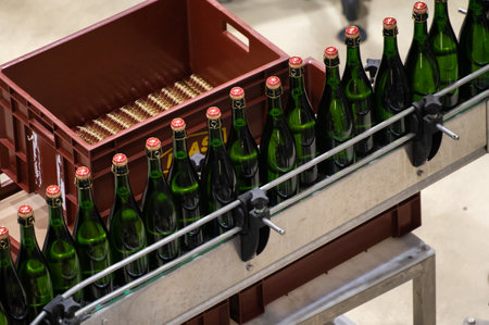 Production of cremant sparkling wine in Burgundy, France. Automatically powered bottling, corking,...